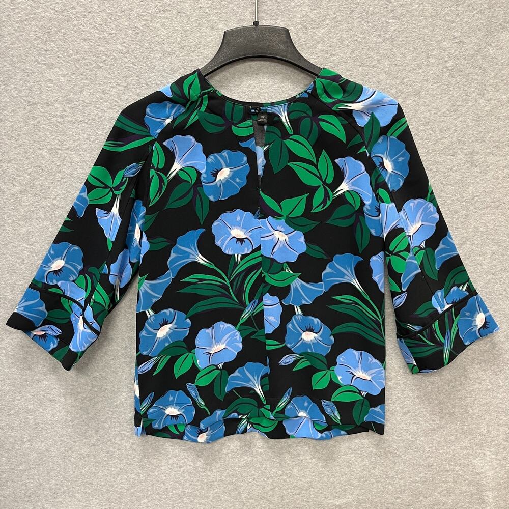 Ann Taylor Floral Blouse Black/Blue 3/4 Sleeve Top Size XS Petite Classic Office